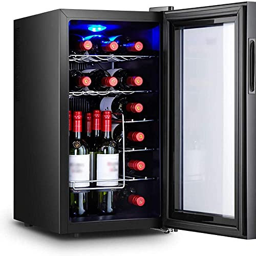 IUBGFTO Wine Cooler Freestanding Fridge 18 Bottle Home Bar Wine Cellar Digital Control Glass Door for Red White Champagne or Countertop Mini Refrigerator Wood Shelves-Metal Shelves