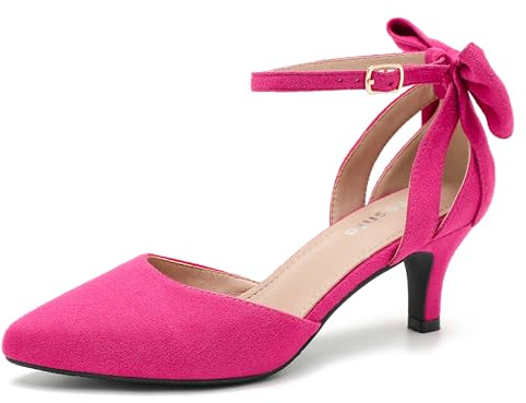 fereshte Women's Kitten Heel Pumps with Bow, Ankle Strap, Pointed Toe, Wedding Evening Dress Shoes