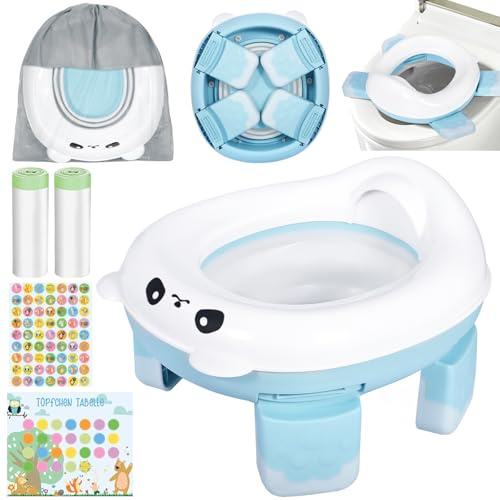 MAISITOO Orinal Infantil 3 en 1 para Niños – Reductor WC Portátil Plegable con Bolsa de Transporte, 2 Rollos de Bolsas Desechables, Pegatinas de Recompensa y Base Antideslizante (Azul)
