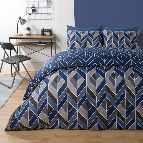 OHS Double Duvet Cover Set Abstract Chevron Reversible, Ultra Soft Warm Fabric Modern Abstract Chevron Pattern Stylish Double Duvet Set with 2 Pillowcases, Navy