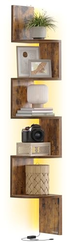 VASAGLE Mensola Angolare da Parete con Luci LED RGB, Scaffale Angolare a 5 Ripiani, Libreria, per Camera da Letto, Soggiorno, Bagno, Ufficio, Pulsante e Telecomando, Marrone Vintage LBC630K01