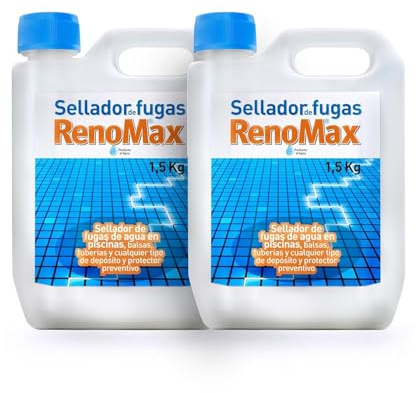 Renomax - Sellador Fugas Piscina Pack 2 x 1,5kg | Sellador Fugas Agua, Balsas y Tuberías | Impermeabilizante Transparente, Reparación Rápida y Duradera | Fácil de Aplicar, Seguro y Eficaz