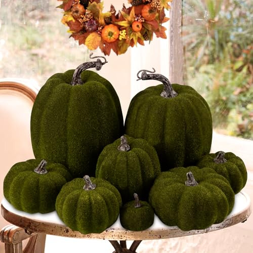 Benjia 8 Pezzi Zucche Decorative Autunnali, Velluto Grande Piccolo Esterno Schiuma di Finte Zucche Artificiali Decorazioni per la tavola del Halloween Festa del Raccolto Autunno Ringraziamento (Verde)