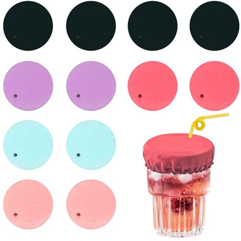 Lotnery 12PCS Drink Covers Anti Spike Prevention Scrunchie, Polyester-Spandex Blend Elastic Cup Protectors with Straw Hole for Dust & Insect Protection - Essential for Bar, Club and Night Out Safety