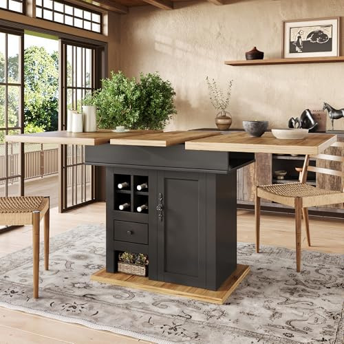 Rosebibi Tavolo da pranzo telescopico (110-140 x 80 cm), tavolo da cucina pieghevole per 4-6 persone, tavolo da pranzo allungabile, per cucina e soggiorno (nero, con portabottiglie e cassetti)