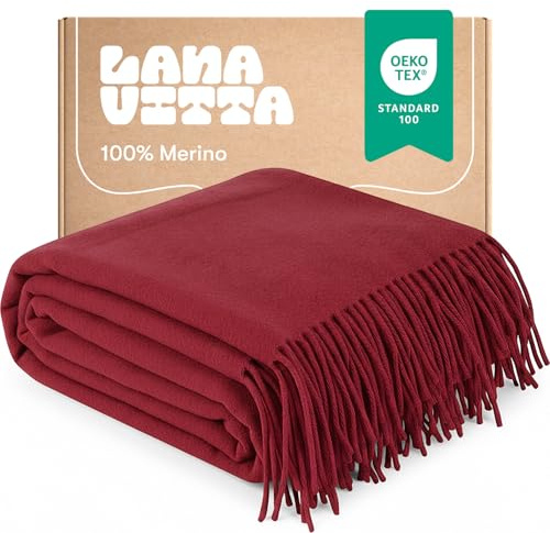 Lanavitta – Wolldecke „Leon“ – Tagesdecke & Bettüberwurf – 100% Merinowolle aus Australien, Warmer Sofa-Plaid – Dunkelrot – 140×200 cm
