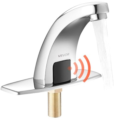 VEVOR Touchless Bathroom Sink Faucet, Automatic Motion Sensor Restroom Toilet Faucet Cold Water with Hole Cover Plate, Battery Operated for 9.5 mm Pipe Commercial Lavatory,Chrome Plated Silver,G233