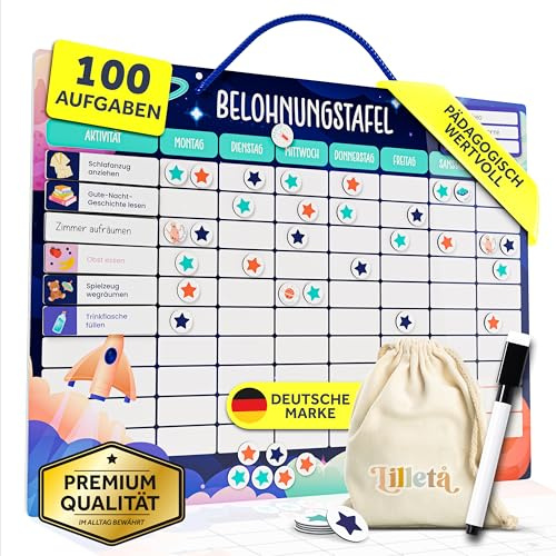 Lilleta ® Belohnungstafel für Kinder – 95 Aufgaben + 350 Magnete – Magnetisches Belohnungssystem für Verantwortung & Selbstständigkeit – Montessori Aufgabenplaner, Wochenplaner ab 4 Jahren