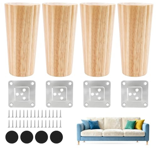 Koxtyzo 4 Piezas Patas para Muebles Madera Maciza,12cm Patas de Repuesto para Sofá, para Placas de Montaje y Tornillos para Sofá Cama,Estantería,TV Armario,Silla,Sillón