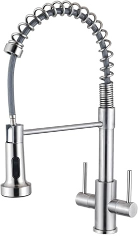 Eovem Brushed Nickel Kitchen Tap Sink Mixer with Pull Out Sprayer, Monobloc Dual Lever Single Hole 360° Swivel Spout Kitchen Tap Faucet with UK Standard Fittings