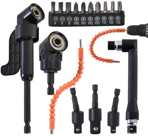 Muaoush Flexible Drill Bit Extension Kit, 17Pcs with 360° Rotatable Socket Adapters (1/2 3/8 1/4), 105° & 90° Right Angle Attachments, Screwdriver Bits & Bendable Extension
