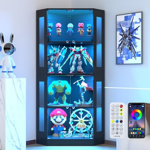 VOWNER Eck-Vitrine 165cm mit LED-Beleuchtung & Intelligente Sensorik | 4-stufige Schauvitrine, Glasvitrine für Wohnzimmer & Büro Sammlerstücke, Spirituosen (Schwarz, 4 Regalböden)