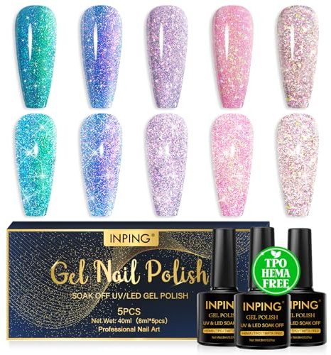 INPING UV nagellack glitter, HEMA-FREE TPO-FREE, 5 färger blå lila rosa gelnaglar reflekterande glitter poleringssats, blötläggning av UV/LED nagelpolish för nybörjare gör-det-själv nagelkonst