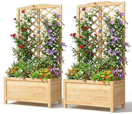 2er-Pack Blumenkasten mit Rankgitter - 76x40x150cm Pflanzkasten mit Spalier | Blumentopf mit Rankhilfe - Pflanzkübel mit Liner & Entwässerung - Hochbeet Blumenkübel für Garten Balkon