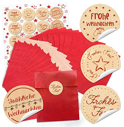 Logbuch-Verlag 24 rote Papiertüten Weihnachtstüten + 24 Aufkleber Weihnachten mit Weihnachtsgrüßen kleine Verpackungfür Geschenke 13 x 18 cm