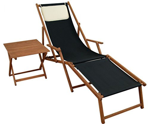 Liegestuhl schwarz Fußablage Tisch Kissen Deckchair Sonnenliege Gartenliege Holz 10-305 F T KH
