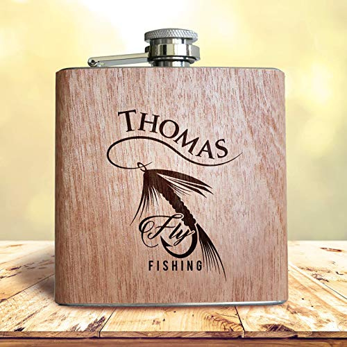 Petaca de madera para pesca con mosca, con nombre personalizado, regalo ideal para pescadores y cazadores