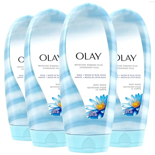 Olay Moisture Ribbons Plus Shea + Blue Lotus Body Wash, 18 Fl Oz, Pack of 4