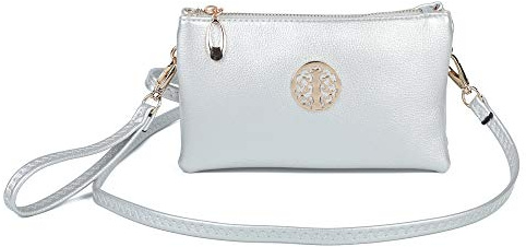 Womens Small Clutch Bags with Wristlet and Long Adjustable Strap (Silver)