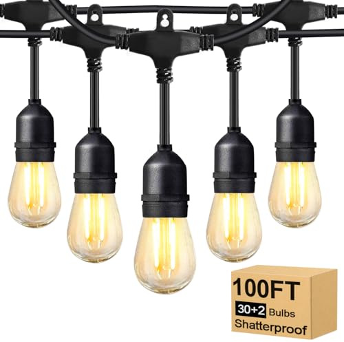 BRIMAX 100FT Festoon Lights Mains Powered,Outdoor String Lights Linkable | Garden String Lights with 30 E27 Sockets and 32 Shatterproof S14 2W Warm White LED Bulbs for Patio/Backyard/Party/Wedding