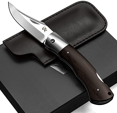 ODENWOLF VIRUM Zweihand-Klappmesser - Ein echter Gentlemen Folder mit hochwertigem Ebenholz Griff - Taschenmesser Holzgriff - Edles Survival Outdoor Messer - Zweihandmesser inkl. Echt-Leder Tasche