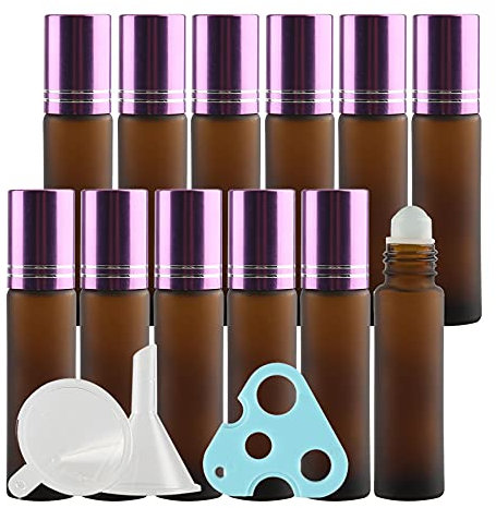 TIANZD 12 Stück Leere 10ml Matt braun Glas Roller Flaschen mit Lila Alu Schraubverschluss, Roll-On Glasflaschen mit Glasroller für Ätherische Öle Essential Oil mit Trichter Öffner