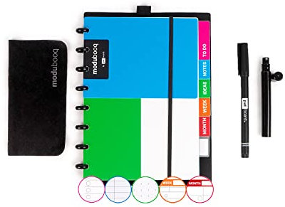 MODUBOOQ by PATboard - smart notebook modulare riutilizzabile A5 - Con schede e sistema di rilegatura a dischi - Pagine modulari con tecnologia duratech3 - Lavabile e scrive come la carta