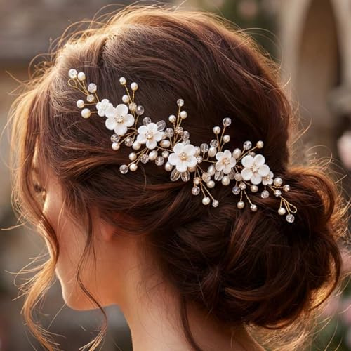 Unicra Blumen Haarschmuck Hochzeit Kopfschmuck Perlen Hochzeit Haarschmuck Braut Kristall Braut Kopfbedeckung(Gold)
