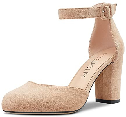 HDEUOLM Zapatos Tacón Medio para Mujer con Correa en Tobillo Punta Sandalias Redonda Tacón Bloque Grueso Básicos Talla Grande Pumps 8CM Heel