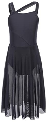 TiaoBug Vestido de Danza Clásica para Niña Maillot Ballet de Tirante con Falda Tul Irregular Leotardo Gimnasia Rítmica Ropa de Baile Contemporánea S Negro 9-10 años