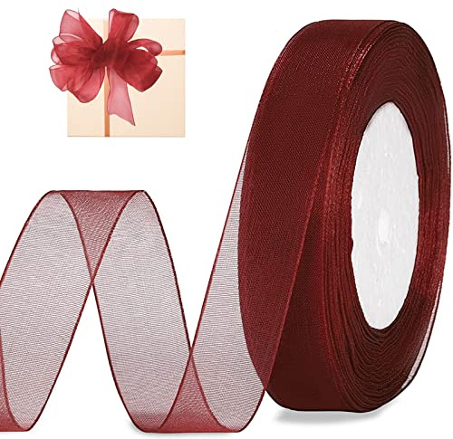 Cinta de organza de gasa, color rojo vino, 2 cm x 45 m, cinta de organza translúcida, cinta de tela para envolver regalos, cinta de tela para bodas, manualidades y decoración de cumpleaños