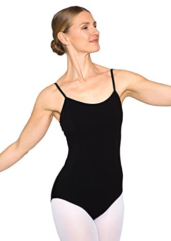 tanzmuster Ballett Trikot Damen Spaghettiträger - Jasmin - BH-Pad-Einschub - Träger doppelt gekreuzt - schwarz 36 - schwarzer Tanz Body aus Baumwolle - Ballettkleidung für Erwachsene
