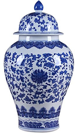 Vase chinois décoratif en céramique avec couvercle, pot temple floral classique en porcelaine bleue et blanche avec couvercles, grands vases à fleurs décoratifs pour chambre, bureau L