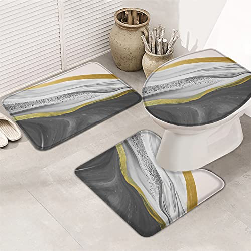 Set 3Tlg Badematten Abstrakte Aquarell-Marmor-Grau-Ölfarbe Anti-Rutsch Kontur Badteppich Langlebige Wc-Deckelbezug Badematte