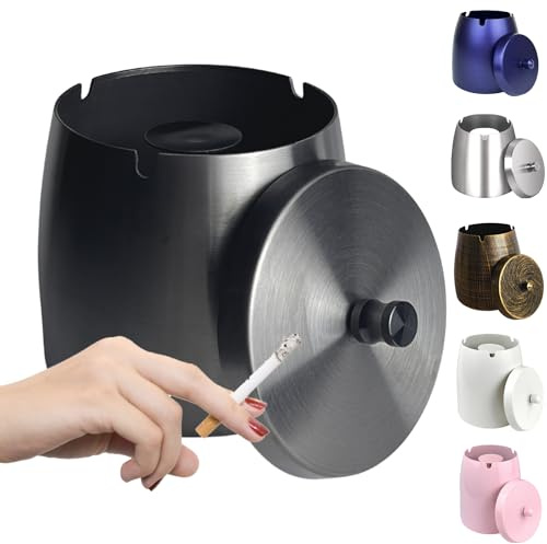 WUSIFIE Ash Tray, Large Outdoor Ashtray with Lid, Ashtray for Outside Patio, Stainless Steel Windproof Smokeless Ash Tray for Balcony, Ashtrays for Smokers, Cigar, Home Office Decoration