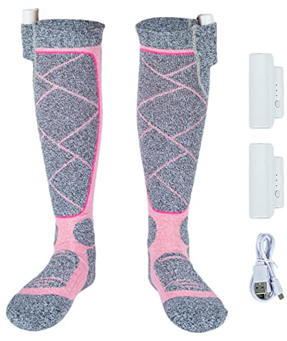 Kasmole Calcetines calefactores para mujer | Calcetines calefactores recargables USB gruesos 2200 mAh | Calcetines térmicos cálidos unisex con batería para esquí, ciclismo y caza