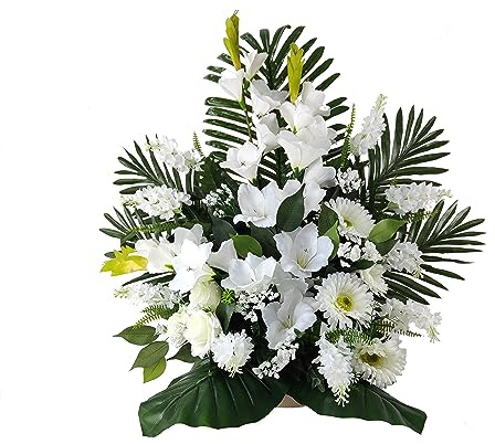 DRW Zentrum Künstliche Blumen, Friedhof, Heilige, Kirchen, Jubiläen, Zeremonien, Hochzeiten, weiße Gladiolen, Gerbera, Rosen, Flieder und Panikulata, 70 x 67 x 30 cm