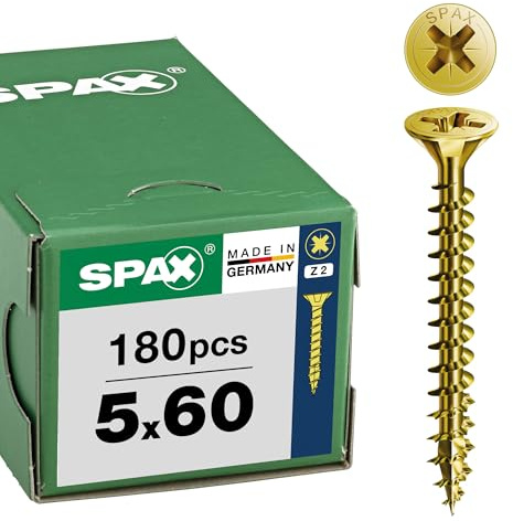SPAX Vis universelle 5 x 60 mm, 180 pièces - Vis á filetage total, tête fraisée, empreinte cruciforme Z2, pointe 4CUT, revêtement YELLOX - 8000000288005
