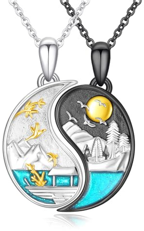 JFASHOP Yin Yang Halskette 925 Sterling Silber Taichi Paar BFF Kette Berg Sonne Anhänger Halskette 2 Stück Yin Yang Kette Schmuck Geschenke für Damen Herren Couple