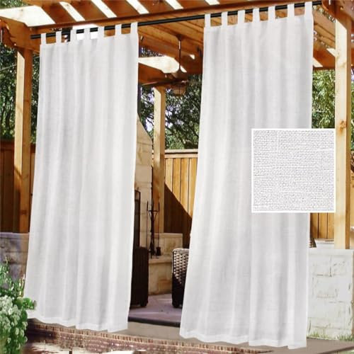 FASCINATDECO Outdoor Gardinen Wetterfest Halbtransparent Outdoor Vorhang Wasserdicht 2 Stücke Terrasse Vorhänge mit Klettverschluss Leinenoptik Outdoorvorhänge für Pavillon, 243x132 cm, Weiß