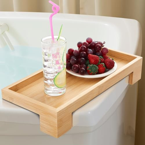Beeveer Bamboo Hot Tub Tray Table for Drinks Waterproof Bathtub Side Table UV Coated Bath Caddy Tray for Bathtub Hot Tub Accessories for Adults Helps Prevent Cracking and Fading, 17 x 7.5