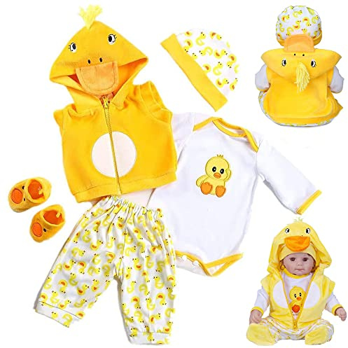 Reborn Baby docka kläder 50 cm dockkläder söt gul anka outfit tillbehörsset för 43–55 cm Reborn dockor babykläder med kappa, hatt, jumpsuit, byxor och strumpor 5 st