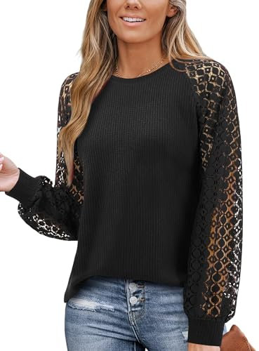 Amoretu Blusen & Tuniken für Damen Pullover Spitzenbluse Langarm Waffel Rundhals Tshirt Tunika Schwarz M