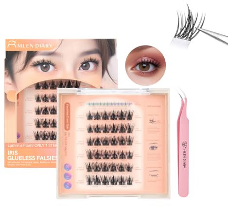 Mlen Diary Self Adhesive Lash Clusters, 6-13mm D Curl False Eyelashes, No Glue Reusable Manhwa Lashes, Press On Self Stick Cluster Lashes, Natural Look DIY Extension Kit
