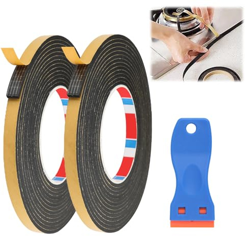 2Pcs Cinta Selladora de Espuma, Cinta de Sellado para Placas de Cocina, Raspador Incluido, Resistente al Calor, 10m x 10mm x 3mm, Accesorio de Cocina Práctico y Duradero（5m * 2Roll）