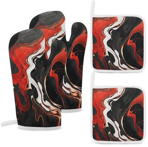 Lot de 4 gants de cuisine et maniques antidérapants en marbre noir et rouge pour cuisine, pâtisserie, grillades