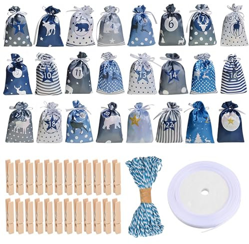 Volumoon 24 Bolsa Calendario De Adviento, Calendario de Adviento para Rellenar, Navidad Adviento Saquitos, Bolsa De Navidad, Bolsa Para Regalo para Decoración Navidad, para Niño, Hombre, Mujer (B)