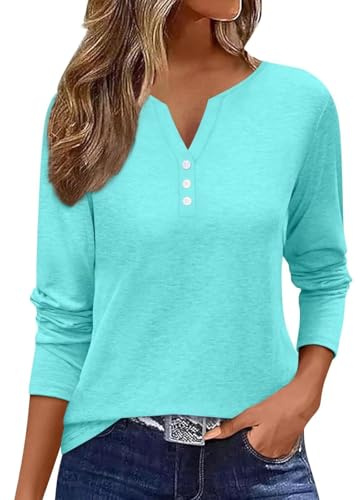 Minetom T Shirt Damen Langarmshirt V-Ausschnitt Knopfleiste Elegant Oberteile Basic Tops Einfarbig T-Shirt