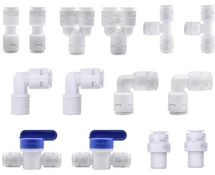 HUAZIZ 14 Stück Universal Anschluss-Set Adapter Fitting Verbindungsstück,RO Water Filter Fitting,für 3/8 Zoll Schlauch, Kühlschrankschlauch,Wasserschlauch (Y + T + I + L Typ + Absperrventil)