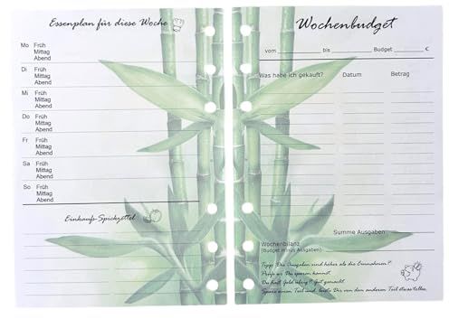 A6 Wochenbudget Ringbuch Einlagen Einleger von Fae, hellgrün Bambus Motiv, Essenplan, Planer, Organizer, Finanzen, Geld, Kostegeld einteilen, 20 Blatt für 20 Wochen, deutsch